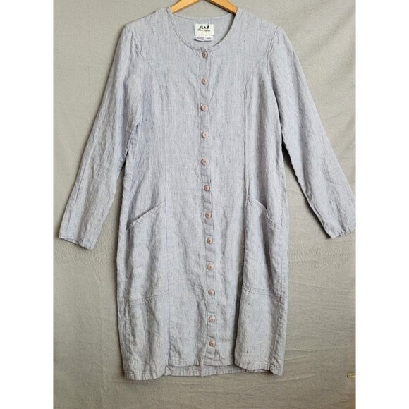 Vintage FLAX Jeanne Engelhart Linen  Blue Long Sleeved Dress Lagenlook Small - Picture 1 of 7